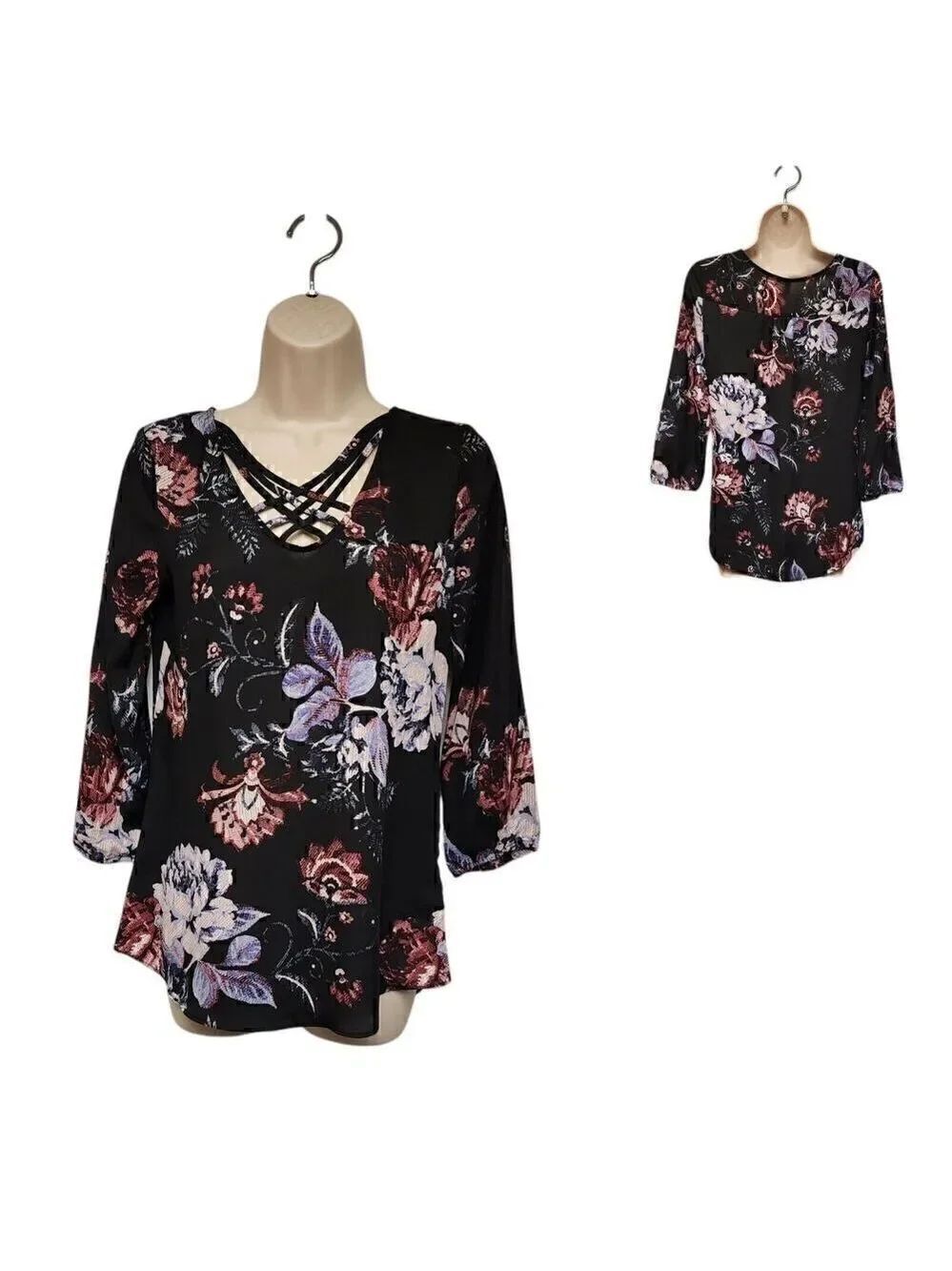 Maurices Black Floral Sheer Chiffon V Neck Criss Cross 3/4 Sleeve Blouse Size XS